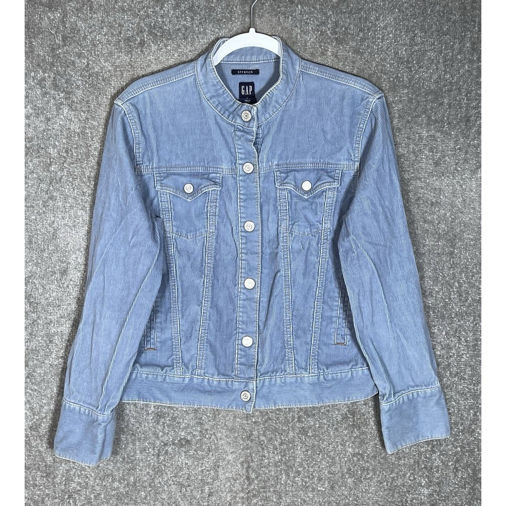 Vintage Gap Y2K Stretch Snap Corduroy Trucker Jacket Womens Size L Blue Pockets